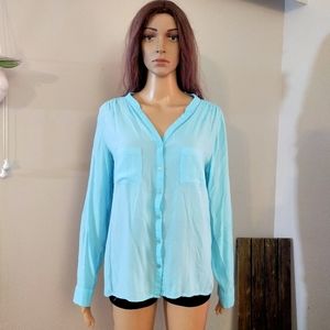 Atmosphere Light Blue V Neck Long Sleeves Light Button Down Top
